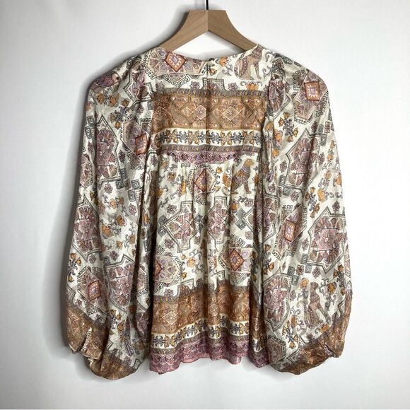Anthropologie Flora Silk Blouse Balloon Sleeve XS Egyptian Boho Pattern - Picture 12 of 15